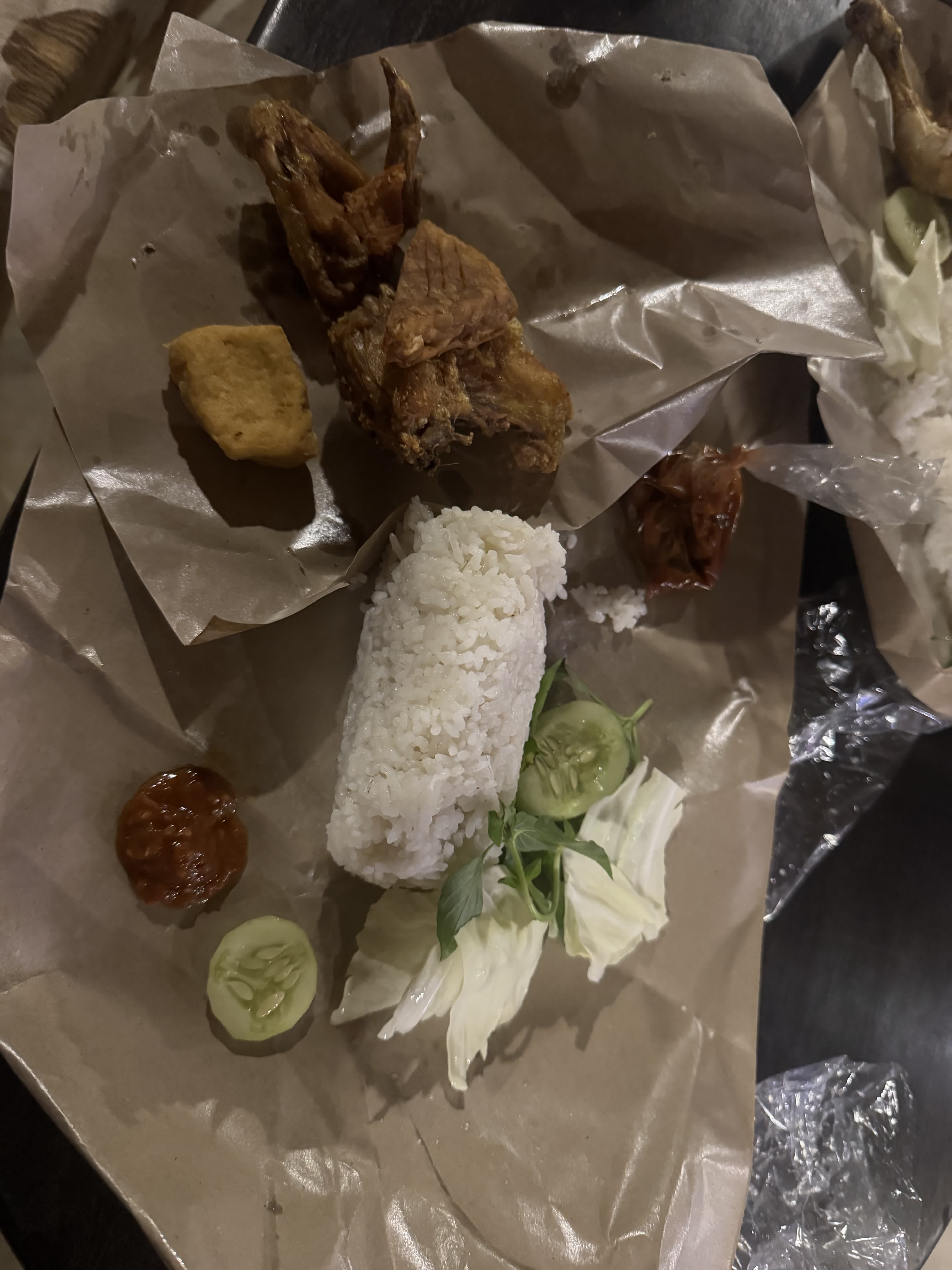 Fried chicken, rice, tempeh, and sambal
